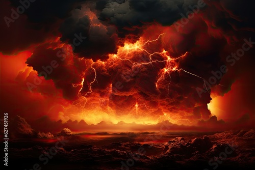3D illustration of a thunderstorm with lightning in the sky. A fire hurricane ravages the cloudscape in the sky. A visual representation of climate change induced apocalypse, AI Generated