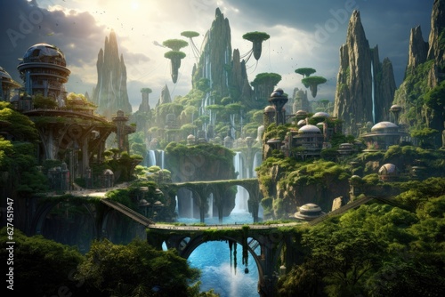 Fantasy landscape with fantasy alien planet and waterfall. 3d rendering, A futuristic metropolis nestled in a lush jungle, showcasing the harmony between nature and technology, AI Generated © Ifti Digital