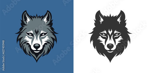 Wild wolf furry muzzle head portrait black sketch and color set logo for t shirt print vector flat