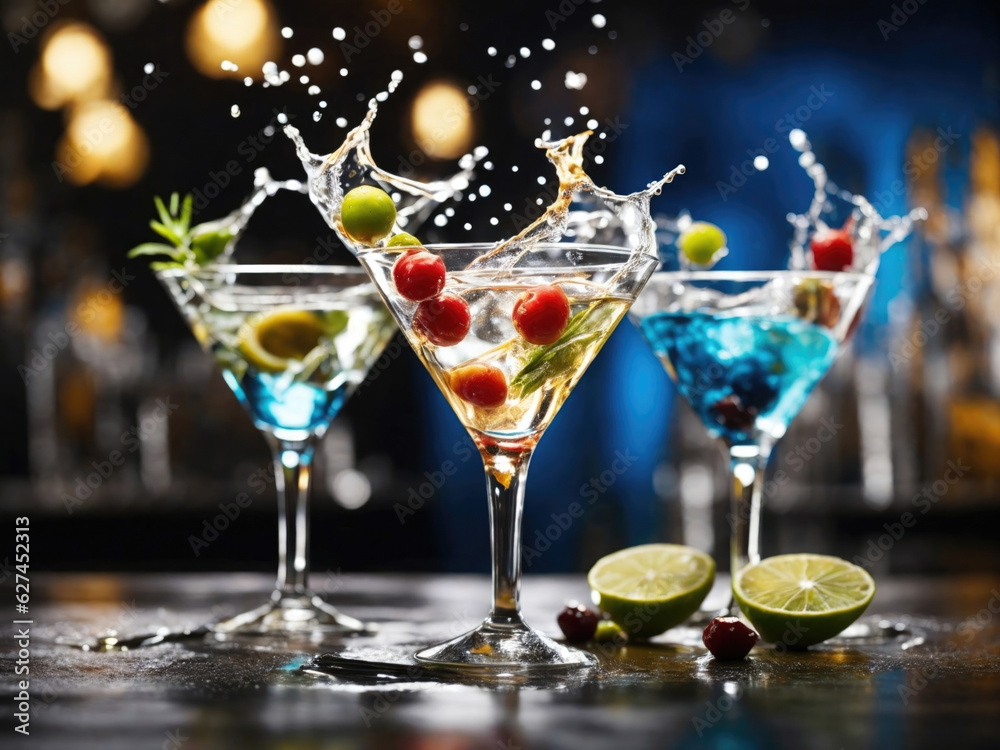 Cocktail glasses and splashing cocktail on bar background, lemons around. Generative ai