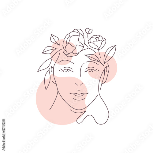 Woman face flower wreath hairstyle pink pastel spots continuous line art style beauty logo vector