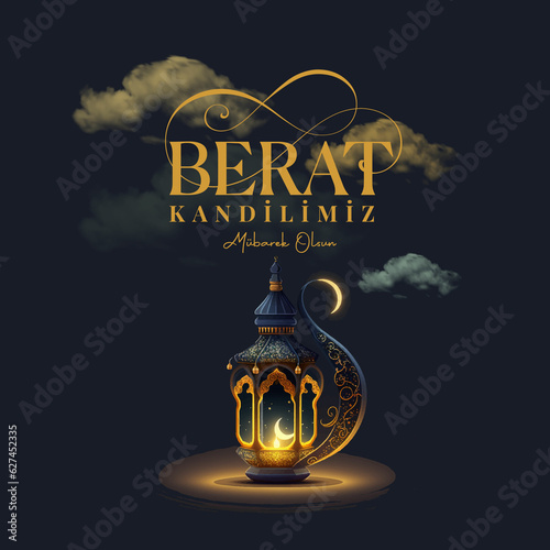 Berat Kandiliniz mubarek olsun. Translation: Berat Kandil is one of the five Islamic holy nights. Islamic background. Mosque illustrations. photo