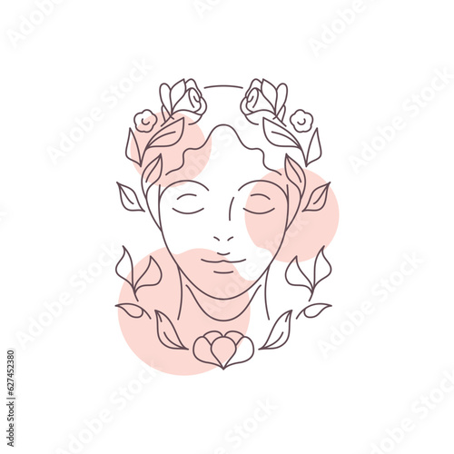 Romantic female portrait with hair flowers pink pastel spots line art beauty logo vector
