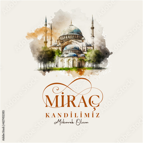 Mirac Kandiliniz mubarek olsun. Translation: Mirac Kandil is one of the five Islamic holy nights. Islamic background. Mosque illustrations. photo