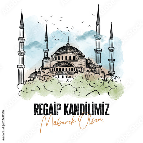 Regaib Kandiliniz mubarek olsun. Translation: Regaib Kandil is one of the five Islamic holy nights. Islamic background. Mosque illustrations. photo