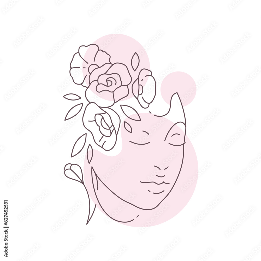 Woman flower hairstyle portrait with pink pastel color spots continuous line art style logo vector