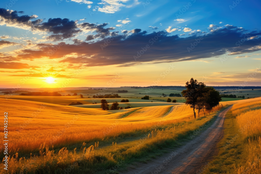 Obraz premium Long road and new plantation field view at sunset. Generative Aİ