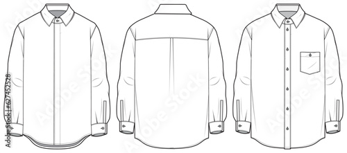 Men's long sleeves formal shirt flat sketch illustration drawing with front and back view, Woven shirt for formal wear and casual wear fashion illustration template mock up