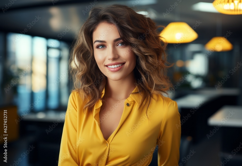 Happy business woman smiling in office Happy business woman smiling in office