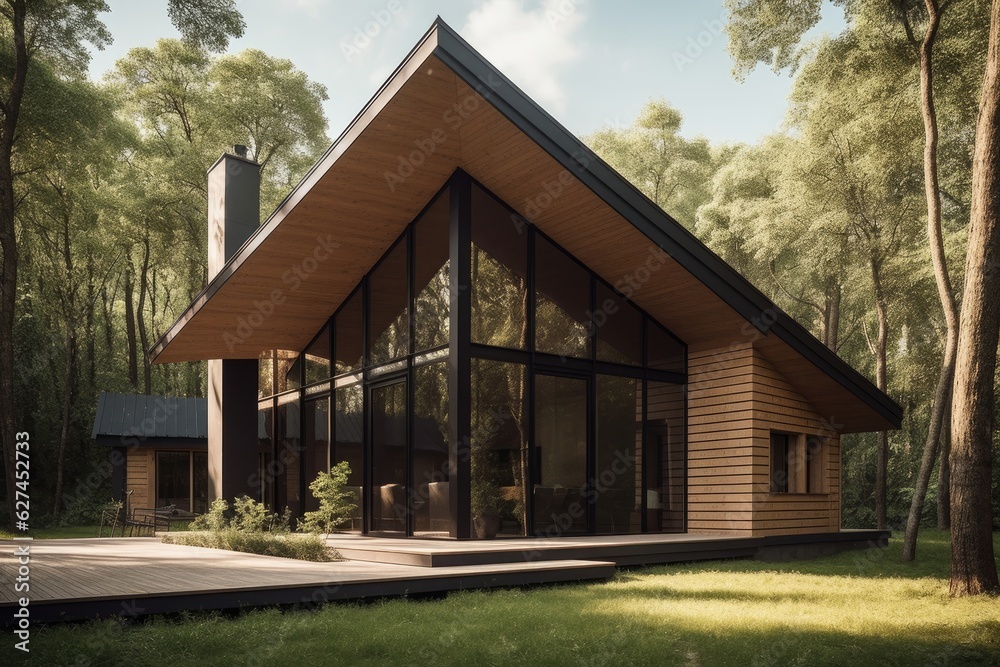 Modern wooden house in serene natural setting., generative IA