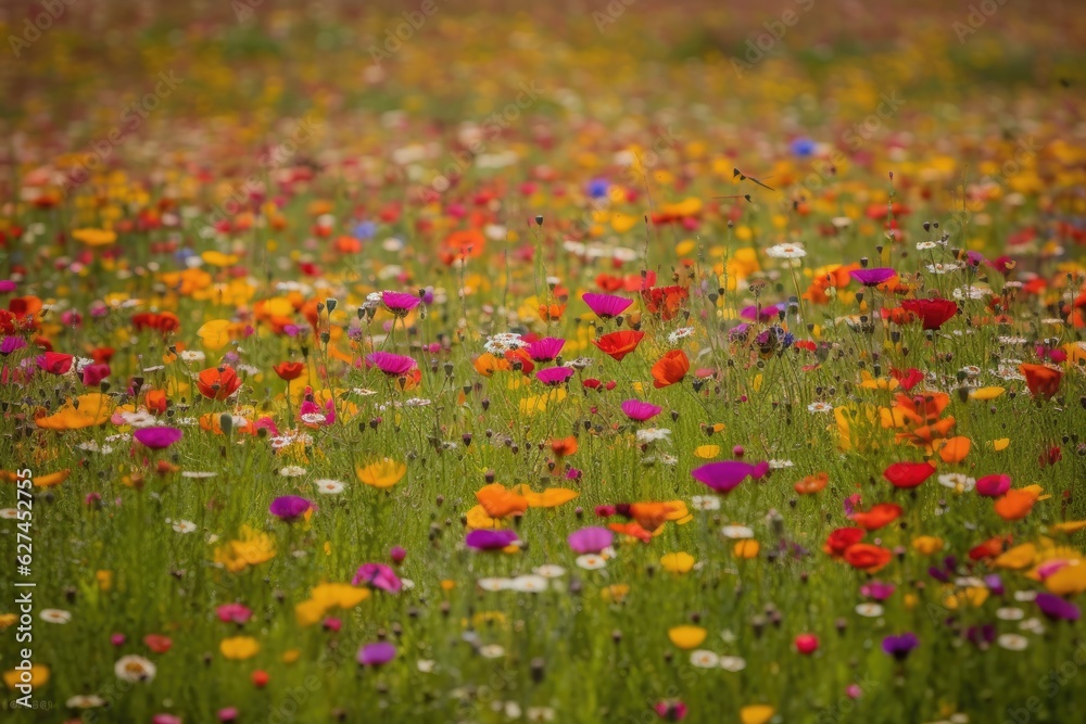 Flowering field: explosion of natural colors with bees and butterflies dancing among the flowers., generative IA