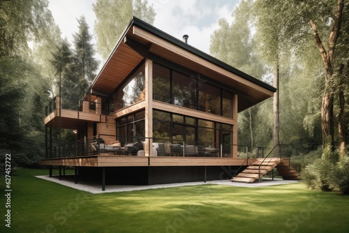 Modern wooden house in serene natural setting., generative IA © Gabriel