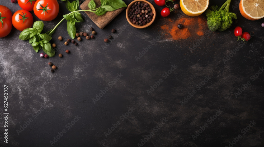 Text field background with vegetables, fruits and spices on a black background. Generative ai - obrazy, fototapety, plakaty 