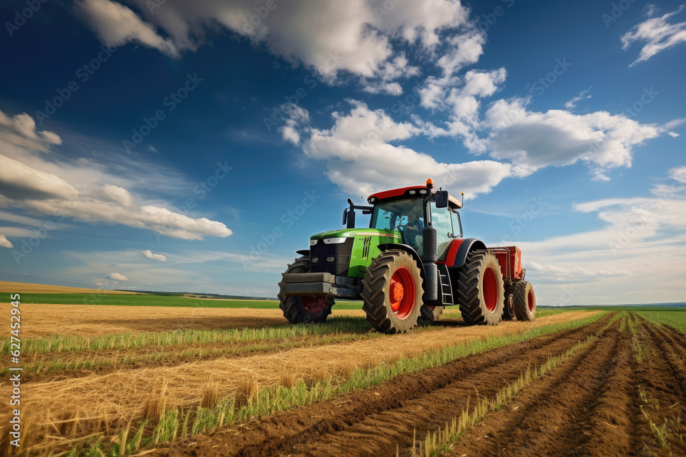 Tractor plows grain field with agriculture and grain concept. Generative ai Tractor plows grain field with agriculture and grain concept. Generative ai