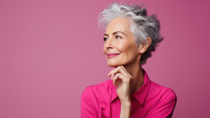 Senior thoughtful woman on pink background looking away.