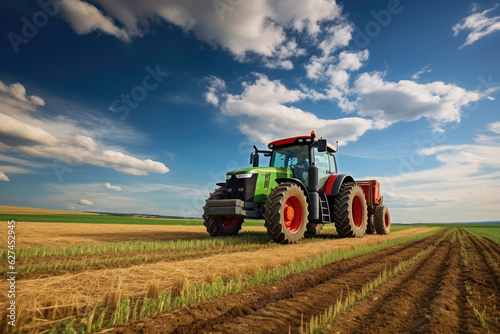 Tractor plows grain field with agriculture and grain concept. Generative ai