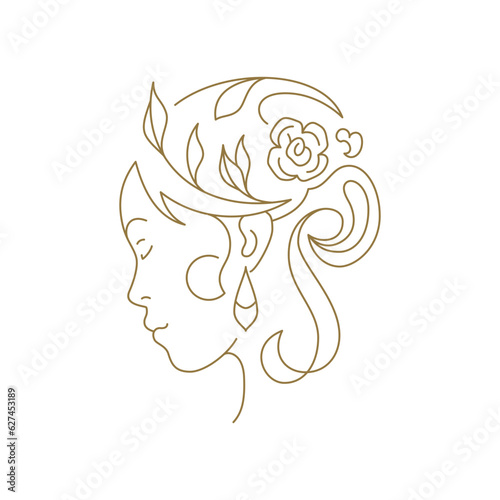 Beautiful woman with flower hairstyle aesthetic minimal continuous line art logo vector illustration
