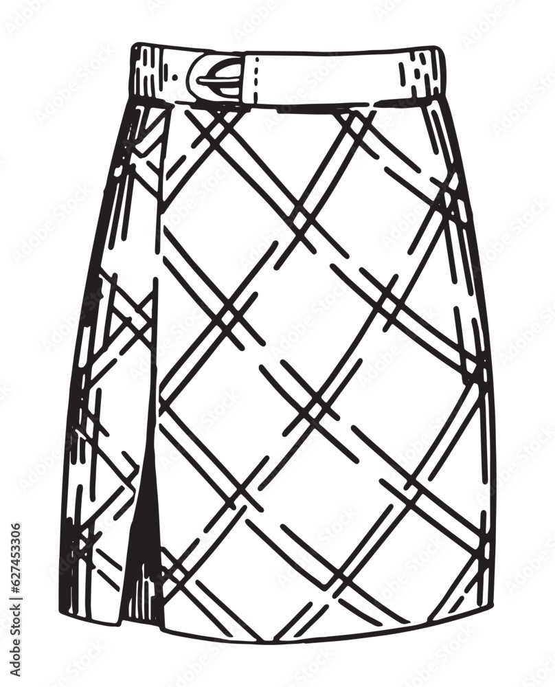 Doodle of checkered skirt. Outline drawing of autumn clothes. Hand drawn vector illustration. Single clipart isolated on white background. Doodle of checkered skirt. Outline drawing of autumn clothes. Hand drawn vector illustration. Single clipart isolated on white background.