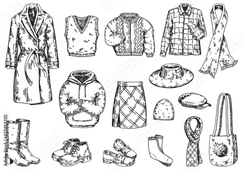 Set of autumn clothes. Sketches of apparel, shoes, hats, accessories. Hand drawn vector illustrations. Outline cliparts collection isolated on white.