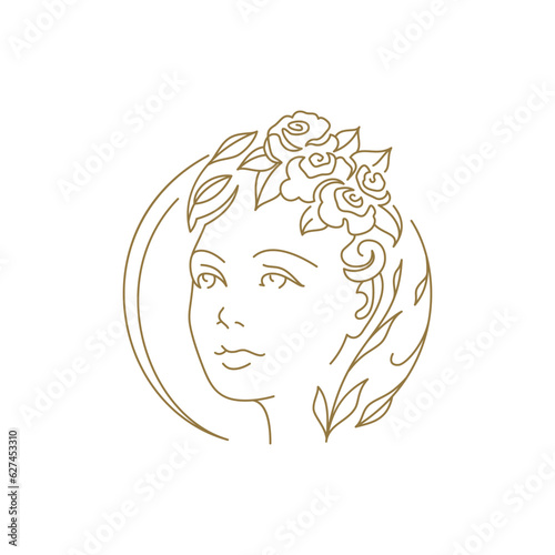 Beautiful romantic woman face with flowers and leaves circle minimal line logo for beauty vector