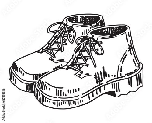 Doodle of classic men shoes. Outline drawing of autumn footwear. Hand drawn vector illustration. Single clipart isolated on white background.