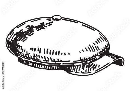 Doodle of beret cap with a visor. Outline drawing of autumn accessory headdress. Hand drawn vector illustration. Single clipart isolated on white background.