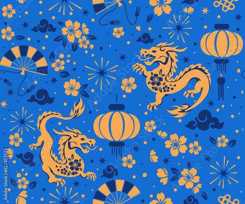Seamless pattern happy chinese new year the dragon zodiac sign with asian elements paper cut style on color background.