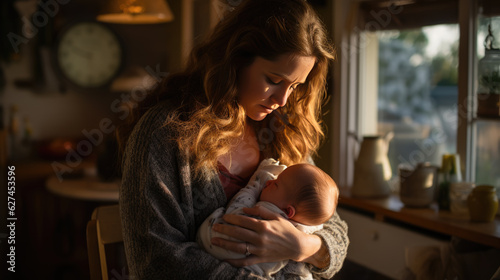 A young mother with postpartum depression holds her baby in her arms. photo