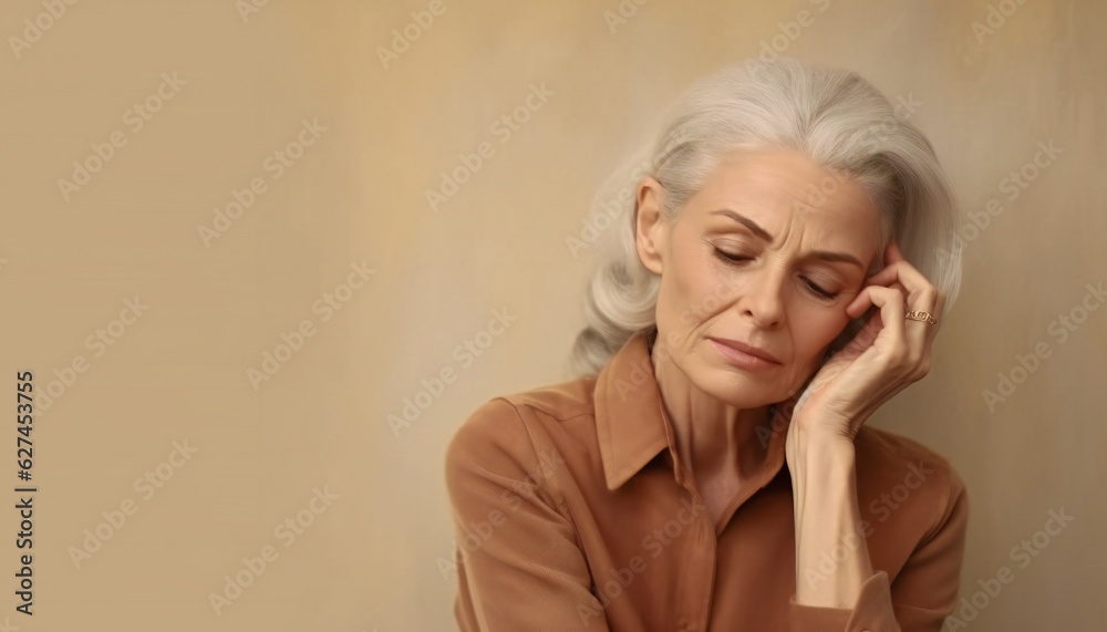 Thoughtful mature woman on beige background with copy space Thoughtful mature woman on beige background with copy space