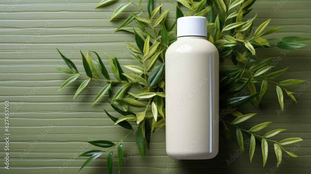 A shampoo bottle laying on bamboo leaves. Bamboo shampoo advertising. Bottle mock up A shampoo bottle laying on bamboo leaves. Bamboo shampoo advertising. Bottle mock up