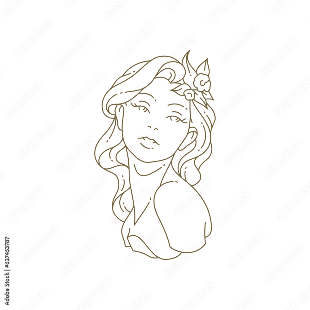 Gentle woman with flower in hair bust sculpture minimal line art logo for beauty care vector Gentle woman with flower in hair bust sculpture minimal line art logo for beauty care vector