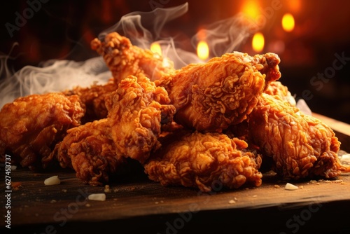 Fresh fried chicken close-up, fried chicken on the table, fried chicken in the shop, example image for fried chicken advertising, steaming hot fresh fried chicken, delicious fried chicken