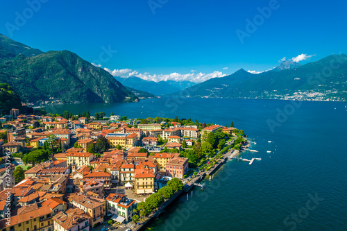 Menaggio, Como Lake. Aerial panoramic view Menaggio town surrounded by mountains and located in Como Lake, Lombardy, Italy