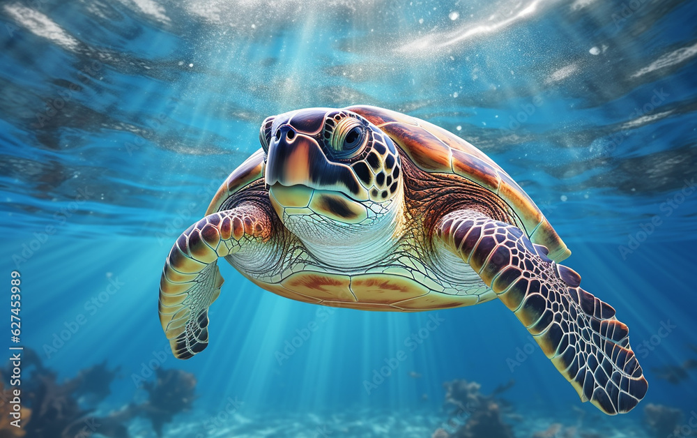 Fototapeta premium Sea turtles swim in the beautiful blue ocean, with sunlight pouring down. Generative AI