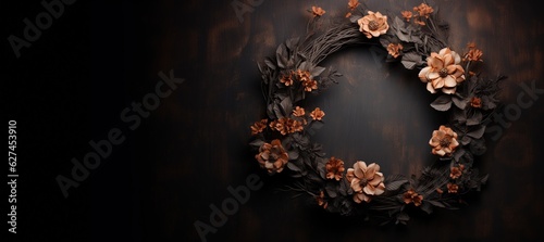 Generative AI  Close up wreath  blooming flowerbeds of amazing orange flowers on dark moody floral textured background.