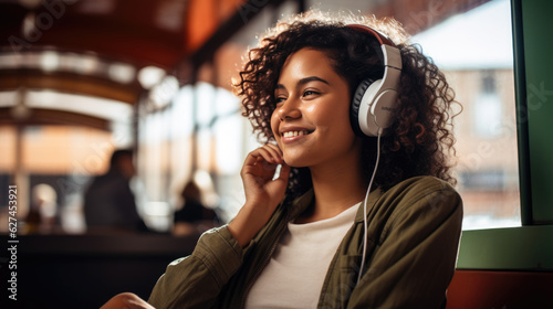 Young girl wearing headphones enjoying music outside.
