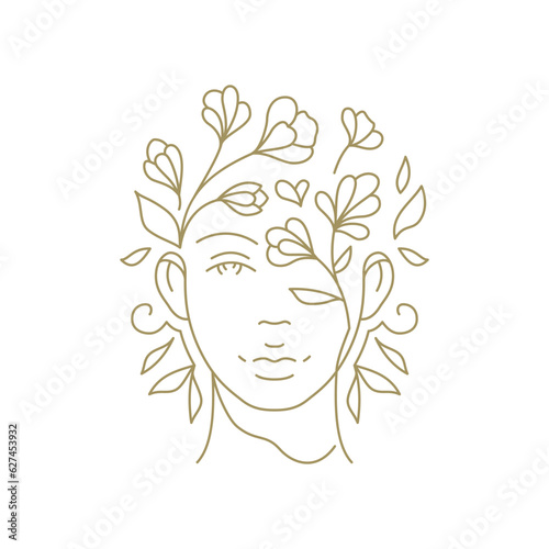 Flower woman portrait botanical blossom hairstyle minimal line art style logo for beauty vector