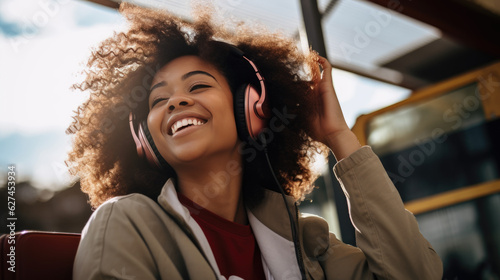 Young girl wearing headphones enjoying music outside. © MP Studio