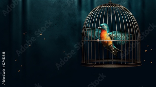 Illustration of a vibrant bird in a cage against a contrasting dark backdrop photo