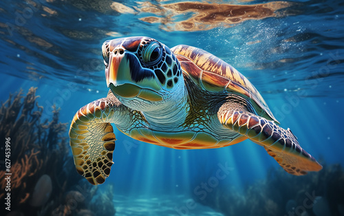 Sea turtles glide through the radiant blue waters, where the sunlight shines.   Generative AI © omune