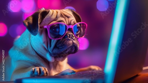 Illustration of pug dog wearing glasses sitting in front of a laptop © NK