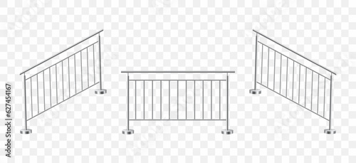 Set of realistic stair stainless steel railing. Metal balustrade. Fencing sections with steel poles. 3D vector illustration isolated on transparent background.