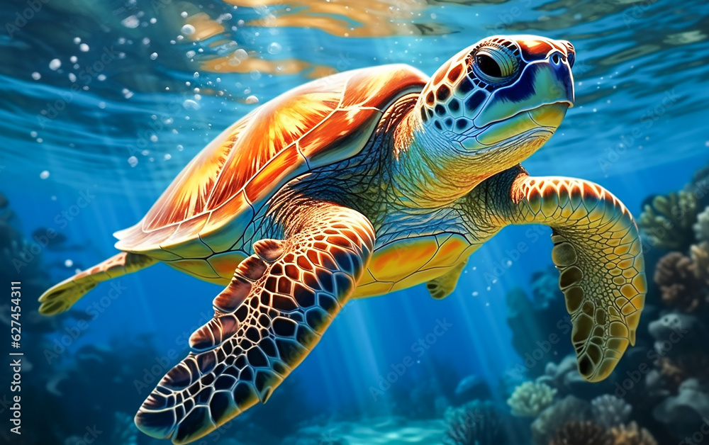 Sea turtles are swimming in the beautiful blue ocean, with sunlight filtering through.   Generative AI