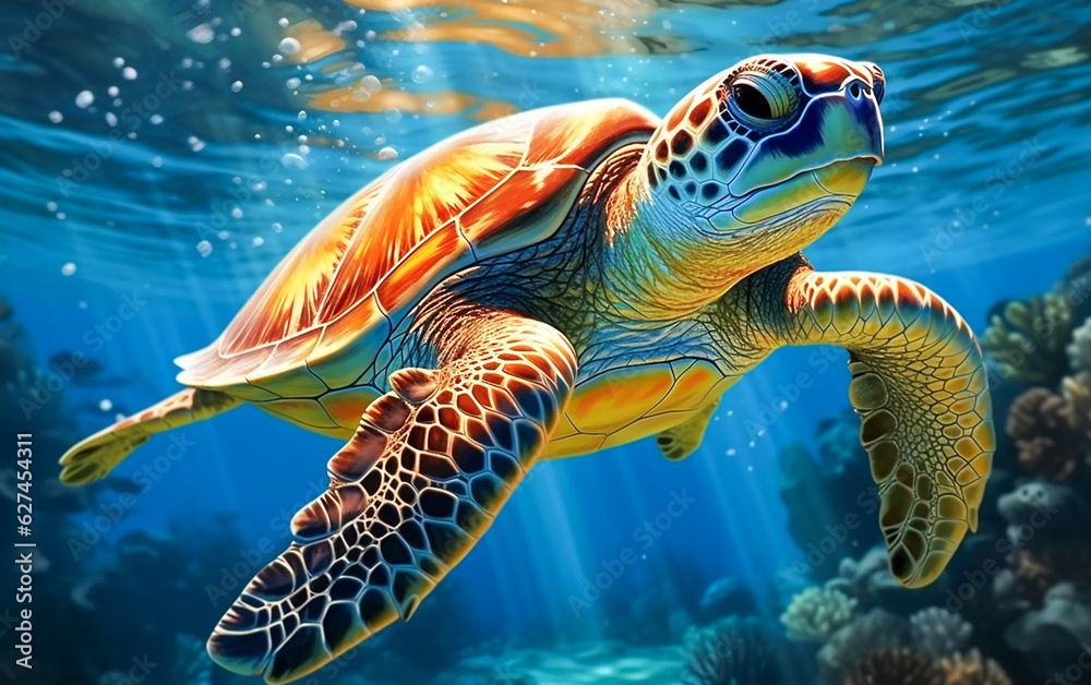 Sea turtles are swimming in the beautiful blue ocean, with sunlight filtering through. Generative AI Sea turtles are swimming in the beautiful blue ocean, with sunlight filtering through. Generative AI