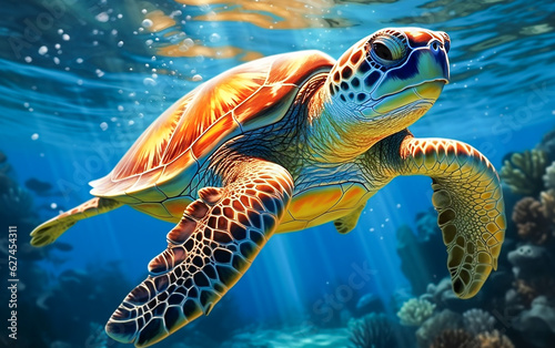 Sea turtles are swimming in the beautiful blue ocean  with sunlight filtering through.   Generative AI