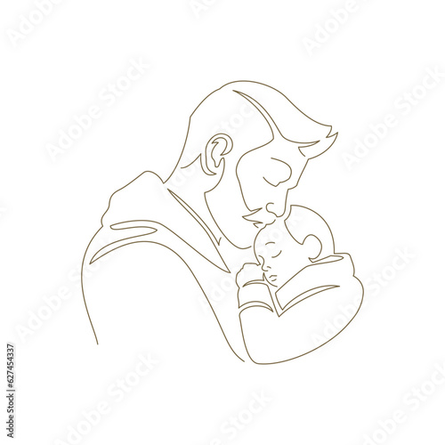 Happy father hugging little son family parenthood with love continuous line art style logo vector