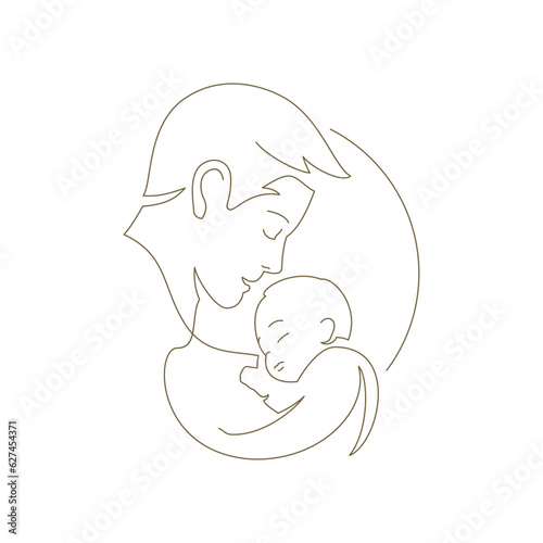 Happy family father hug little baby newborn son continuous line art logo for Father's Day vector