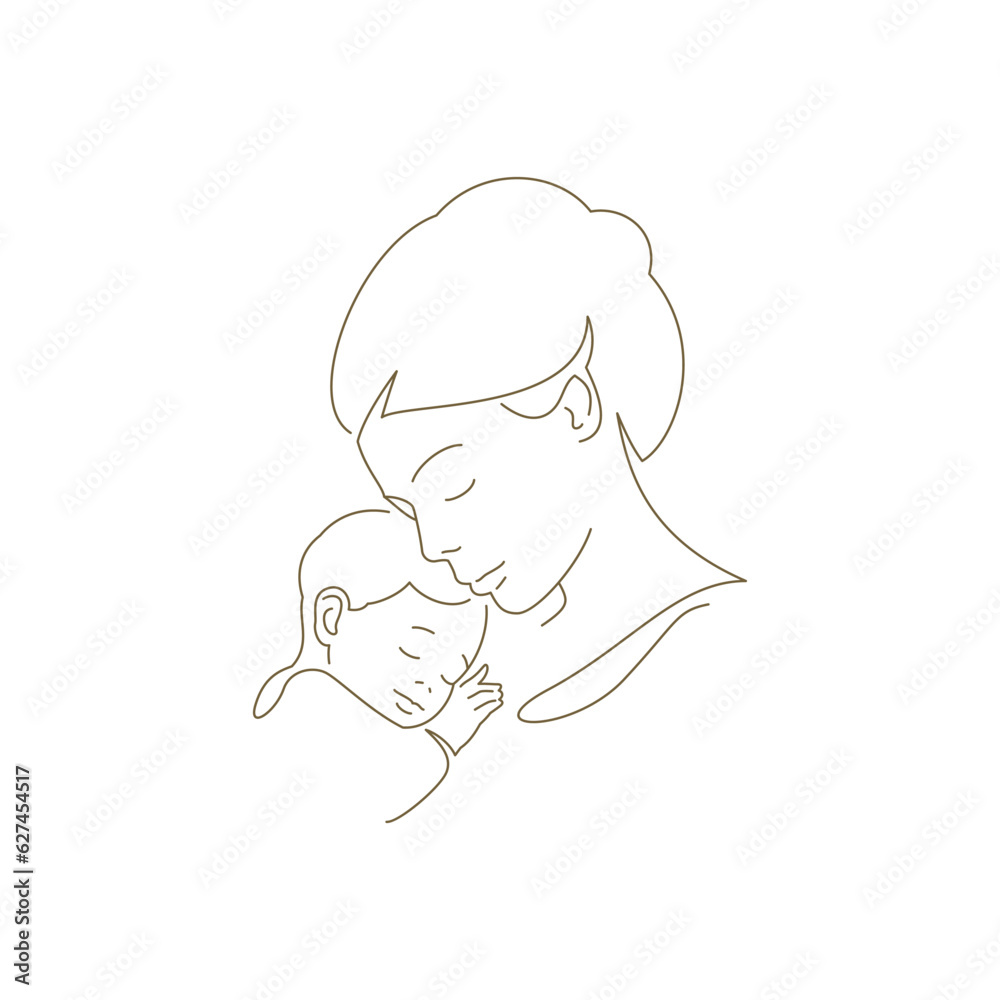 Happy family mother embracing little baby son with tenderness continuous line art style logo vector Happy family mother embracing little baby son with tenderness continuous line art style logo vector