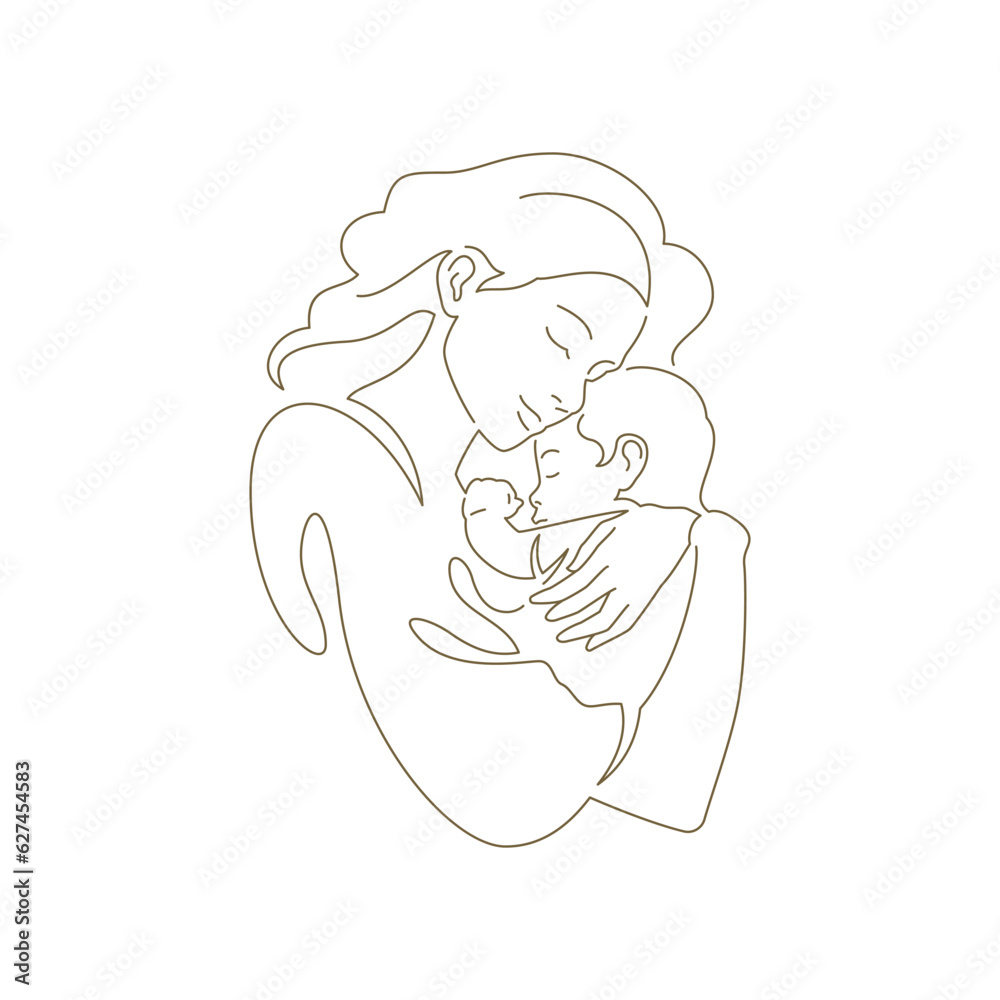 Happy young mother hugging little son contoured silhouette continuous line art style logo vector Happy young mother hugging little son contoured silhouette continuous line art style logo vector
