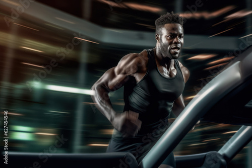 Powerful portrait of afro american athletic man in sportswear working out and running on treadmill